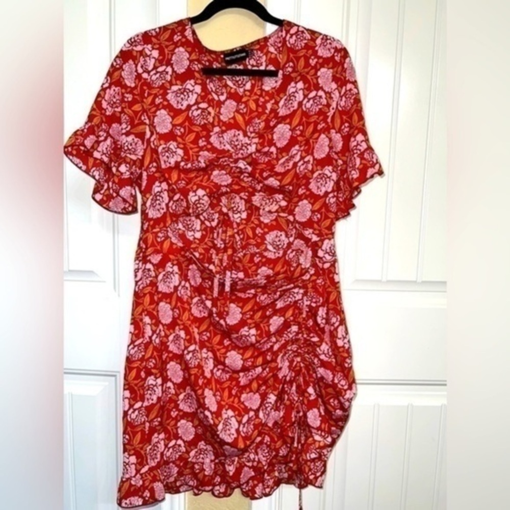 Red Floral Ruched Detail Cut Out Bodycon Dress - Picture 2 of 5